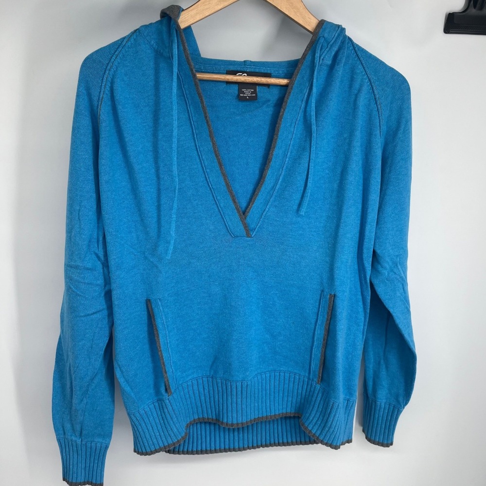 Eddie Bauer Sport Blue Cotton Knit V-Neck Hoodie Sweater Grey Trim Womens L